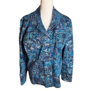 Additions by Chicos Blue Silver Print Button Up Shirt Jacket Size 3/US-XL Whimsy